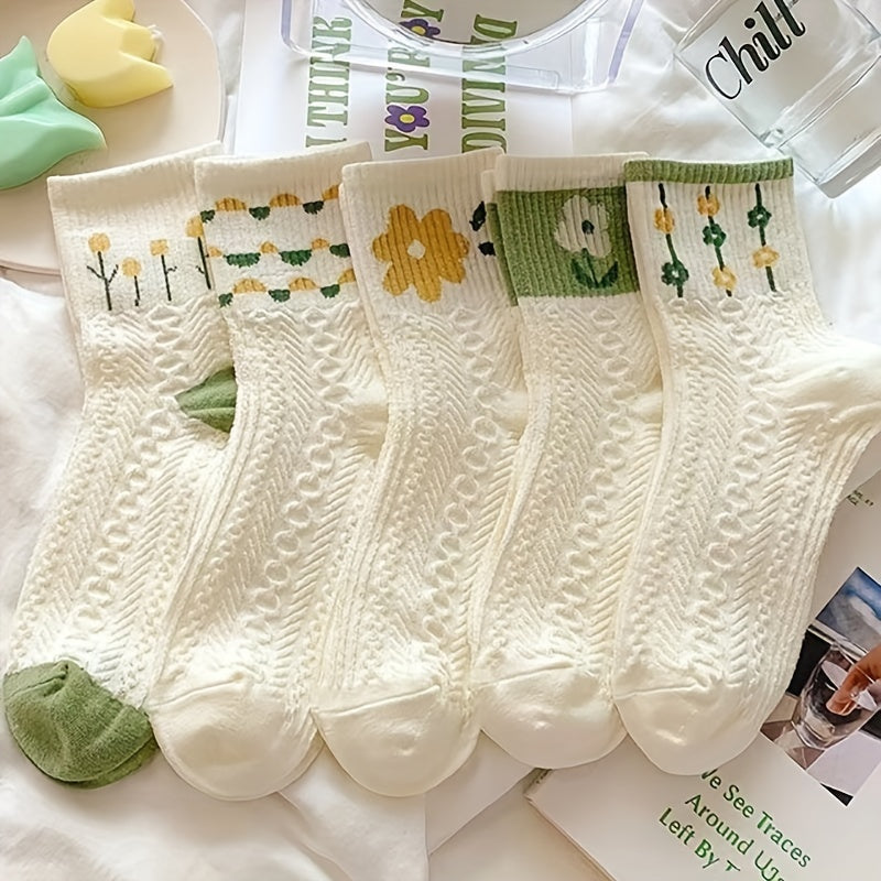 5 Pairs Floral Pattern Mid Tube Socks Soft & Comfy Stockings