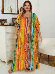  Rainbow Striped Batwing Sleeve Beachwear Kaftan Dress