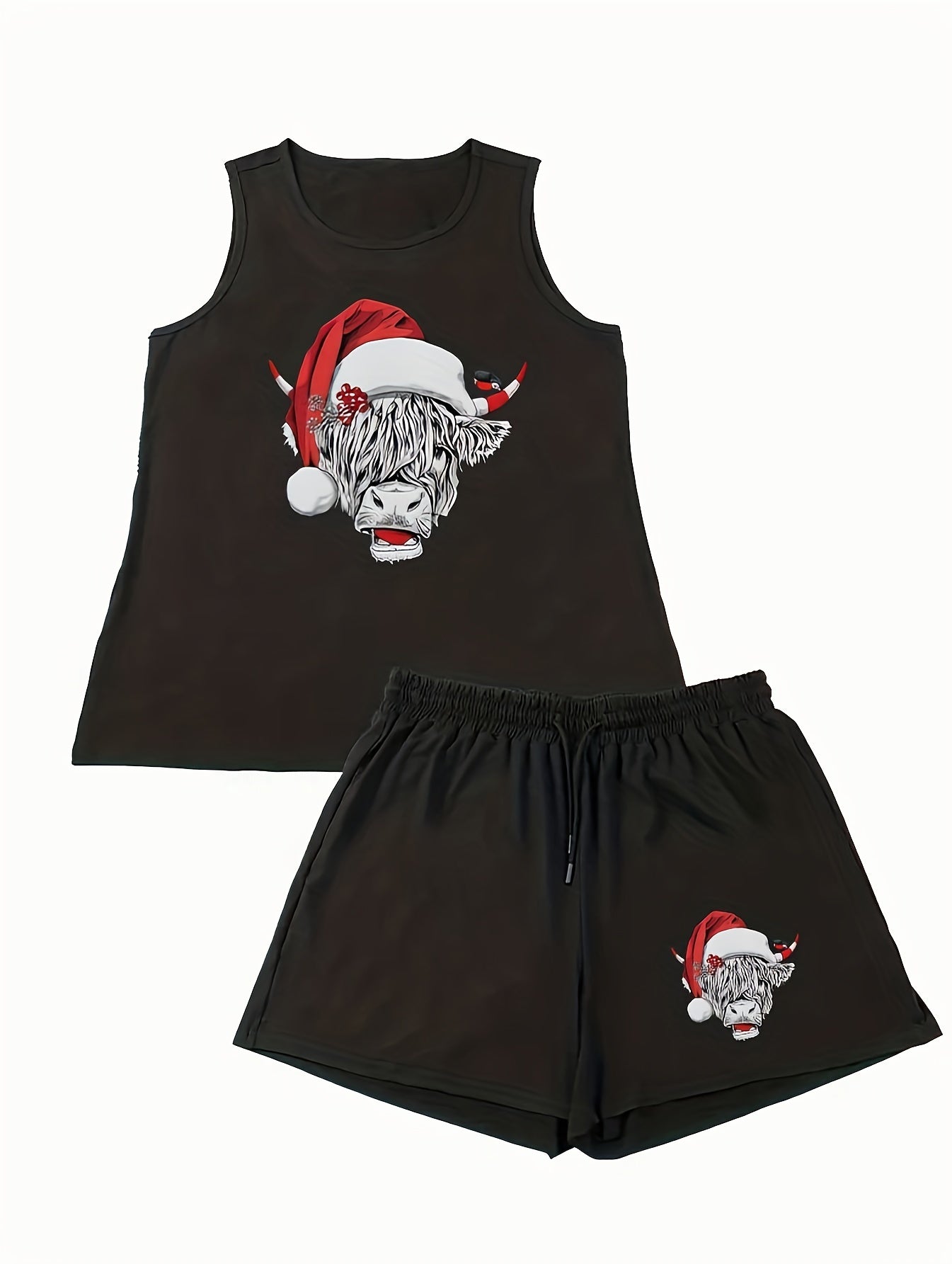  Christmas Lounge Set Women's Santa Hat Cow Print Tank Top & Shorts