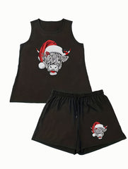  Christmas Lounge Set Women's Santa Hat Cow Print Tank Top & Shorts