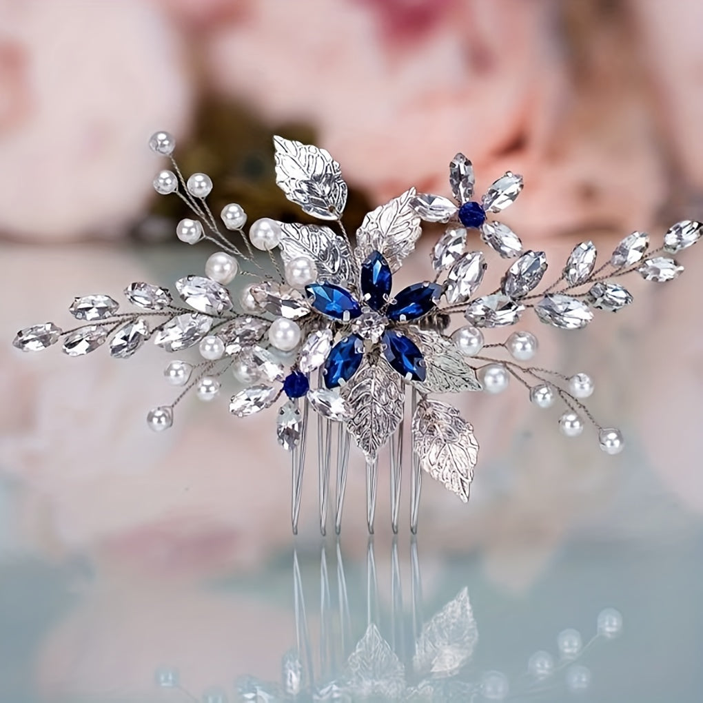 Bridal Hair Comb Vintage Silver Sapphire Rhinestone Crystal Ivory Pearl