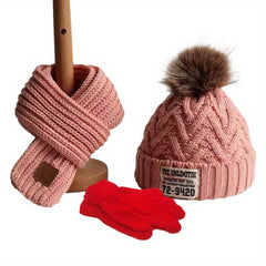 Kids 3pcs Set Plus Velvet Knitted Hat Scarf Gloves