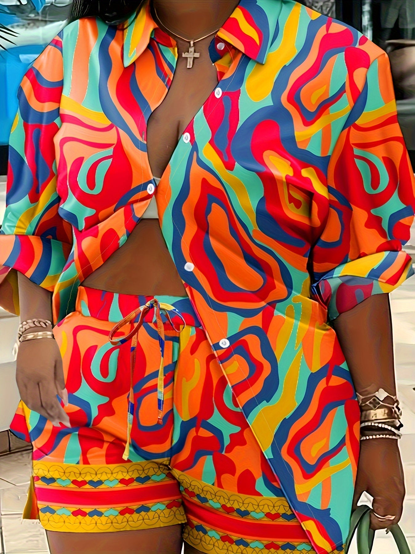  Abstract Print Button Up Blouse & Shorts Set