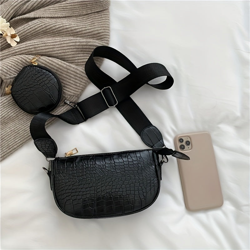 Crocodile Embossed Shoulder Bag with Coin Bag - Stylish Crossbody Bag
