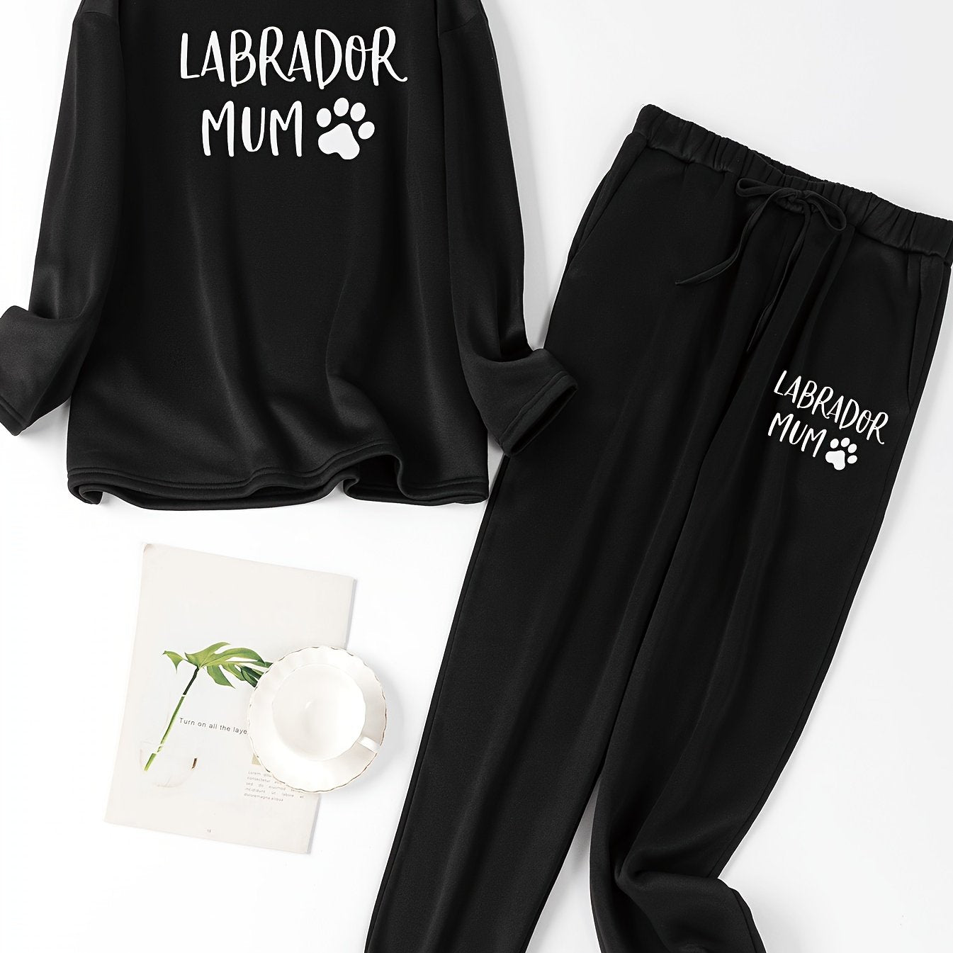  Puppy Print Lounge Set Fleece Lined Top & Joggers Pajamas