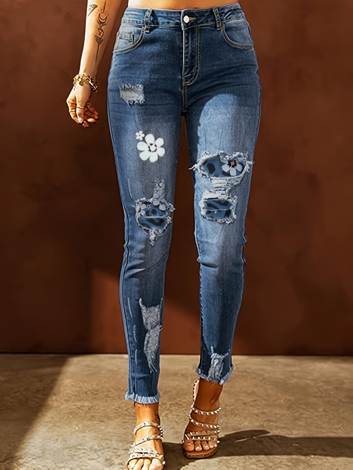  Colorblock Floral Print Ripped Button Fly Skinny Jeans