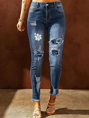  Colorblock Floral Print Ripped Button Fly Skinny Jeans