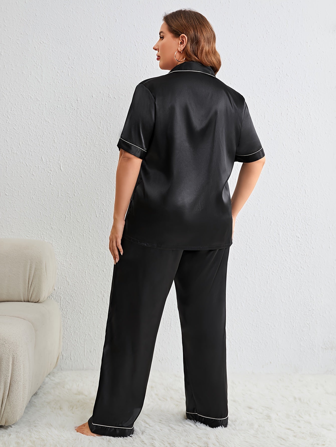  Button Up Satin Pajama Set Short Sleeve Shirt & Pants Two Piece