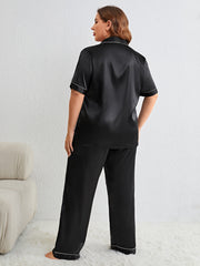  Button Up Satin Pajama Set Short Sleeve Shirt & Pants Two Piece