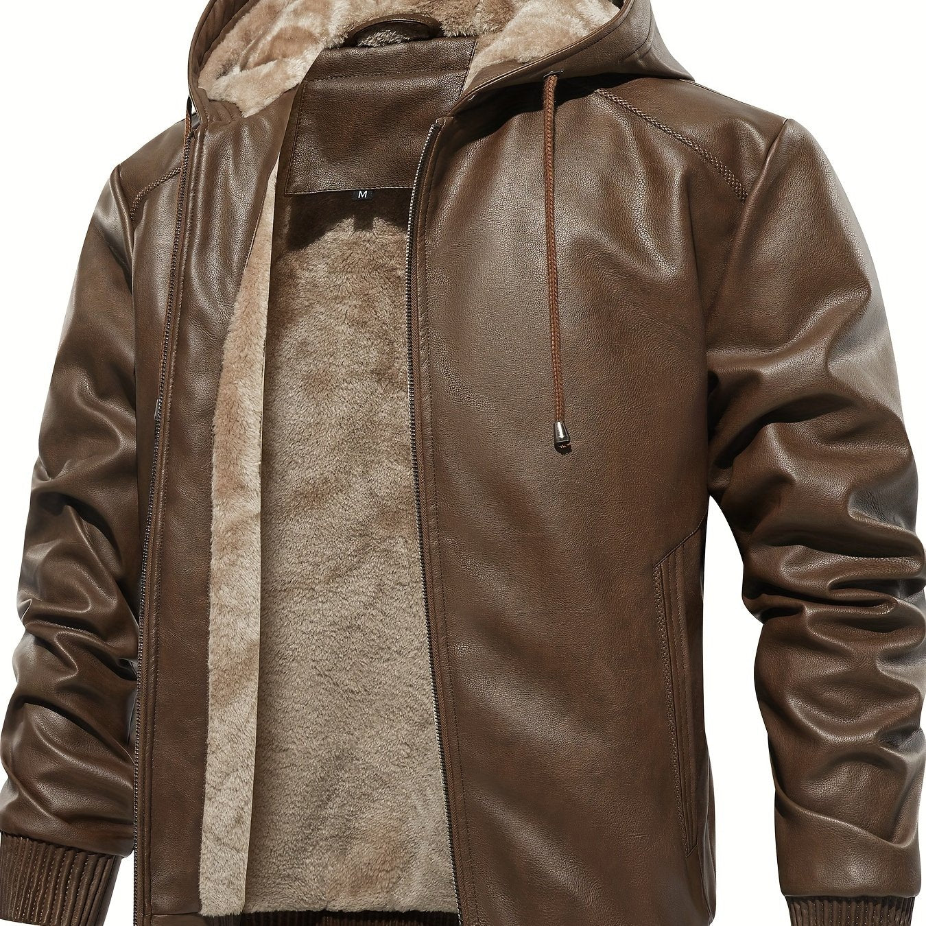 Men's PU Leather Hooded Jacket Windproof Waterproof Thick