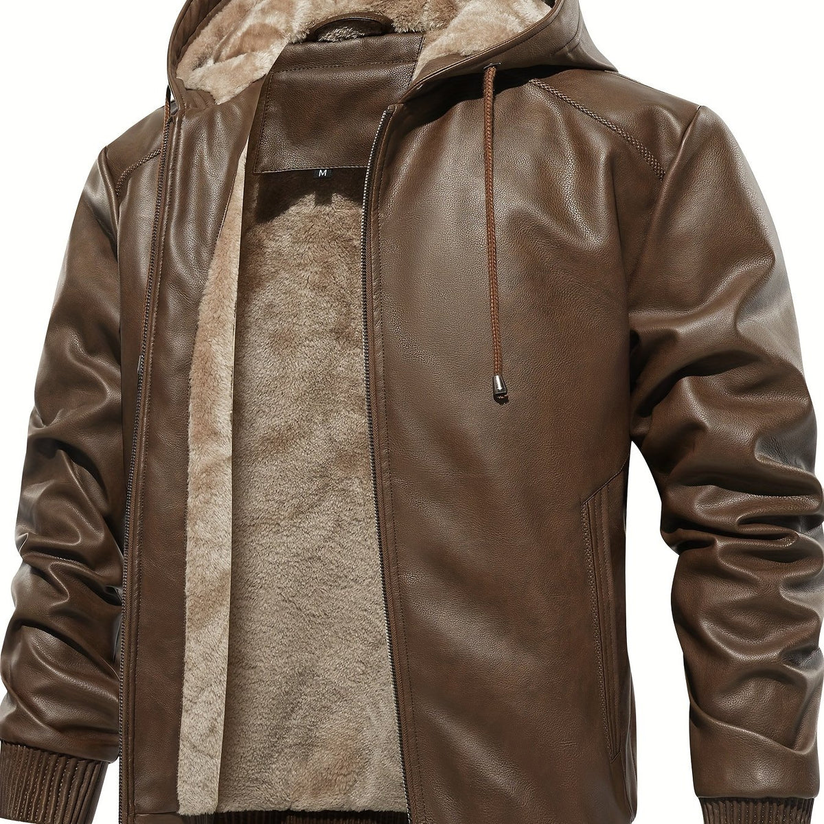 Men's PU Leather Hooded Jacket Windproof Waterproof Thick
