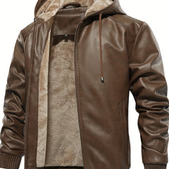 Men's PU Leather Hooded Jacket Windproof Waterproof Thick