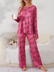 Heart Print Pajama Set Long Sleeve Crew Neck Top & Elastic Waistband Pants