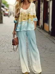 Women's Plus Painting Print Tee & Pants Outfits Set
