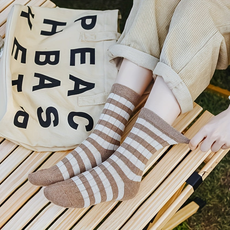 5 Pairs Striped Crew Socks Comfy & Breathable Women's Stockings