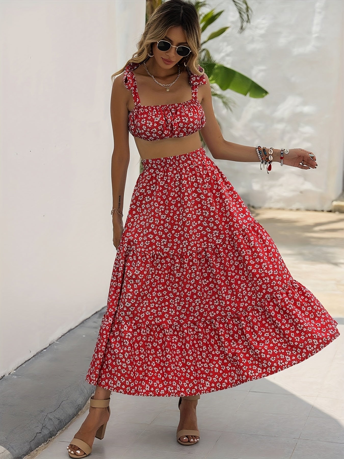 Floral Print Crop Top & High Waist Ruffle Midi Skirt Set