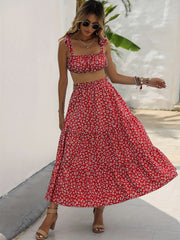 Floral Print Crop Top & High Waist Ruffle Midi Skirt Set