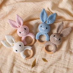 Bunny Rattle Crochet Bunny Youngsters Rattle Wooden Hand Rattle Toy