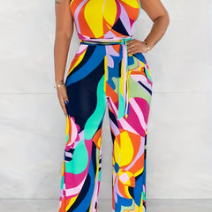 Geo Print Keyhole Jumpsuit Wide Leg Casual Jumpsuit