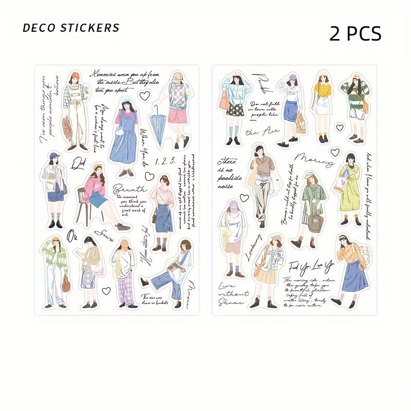 2 Sheets PET Waterproof Stickers Girl Dressing DIY Notebook Material Stickers