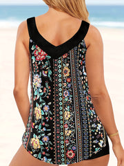  Floral & Striped V Neck Tankini Set