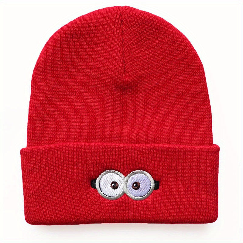 Sport Windproof Knit Beanie Hat with Anime Eye Glasses Embroidery