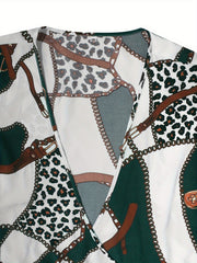  Women's Colorblock Leopard Print Long Sleeve Blouse
