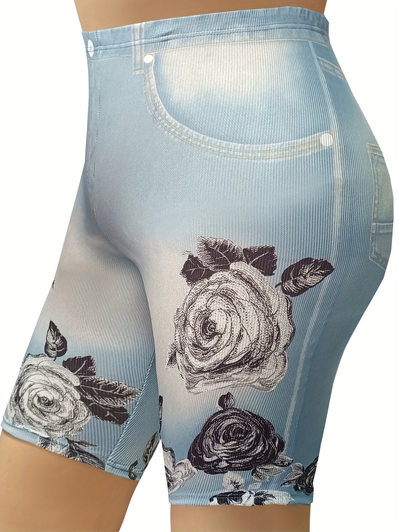 Women's Plus Denim & Floral Print High Rise Skinny Slight Stretch Shorts