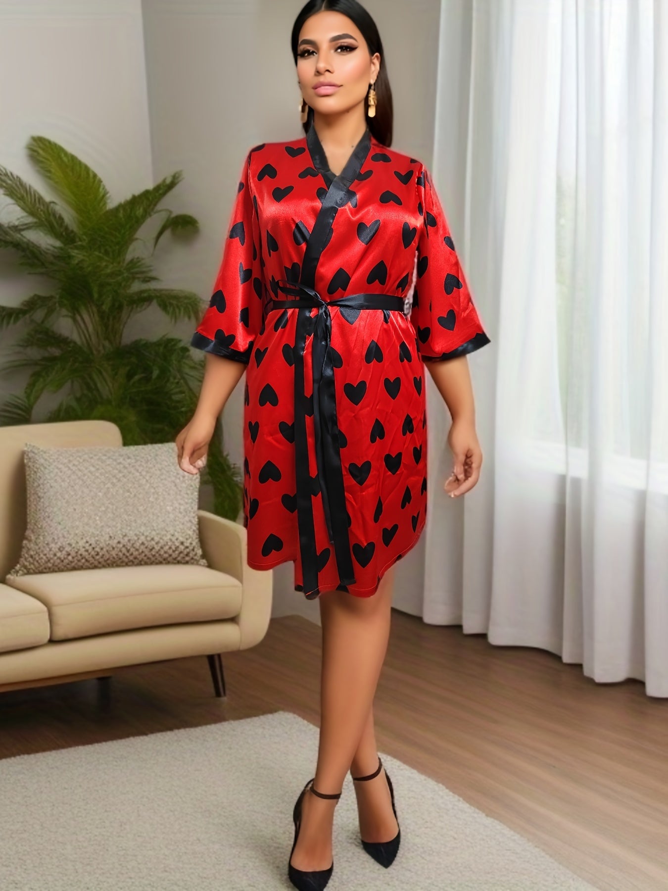  Heart Print Bathrobe Open Front Three Quarter Sleeve Belted Nightgown