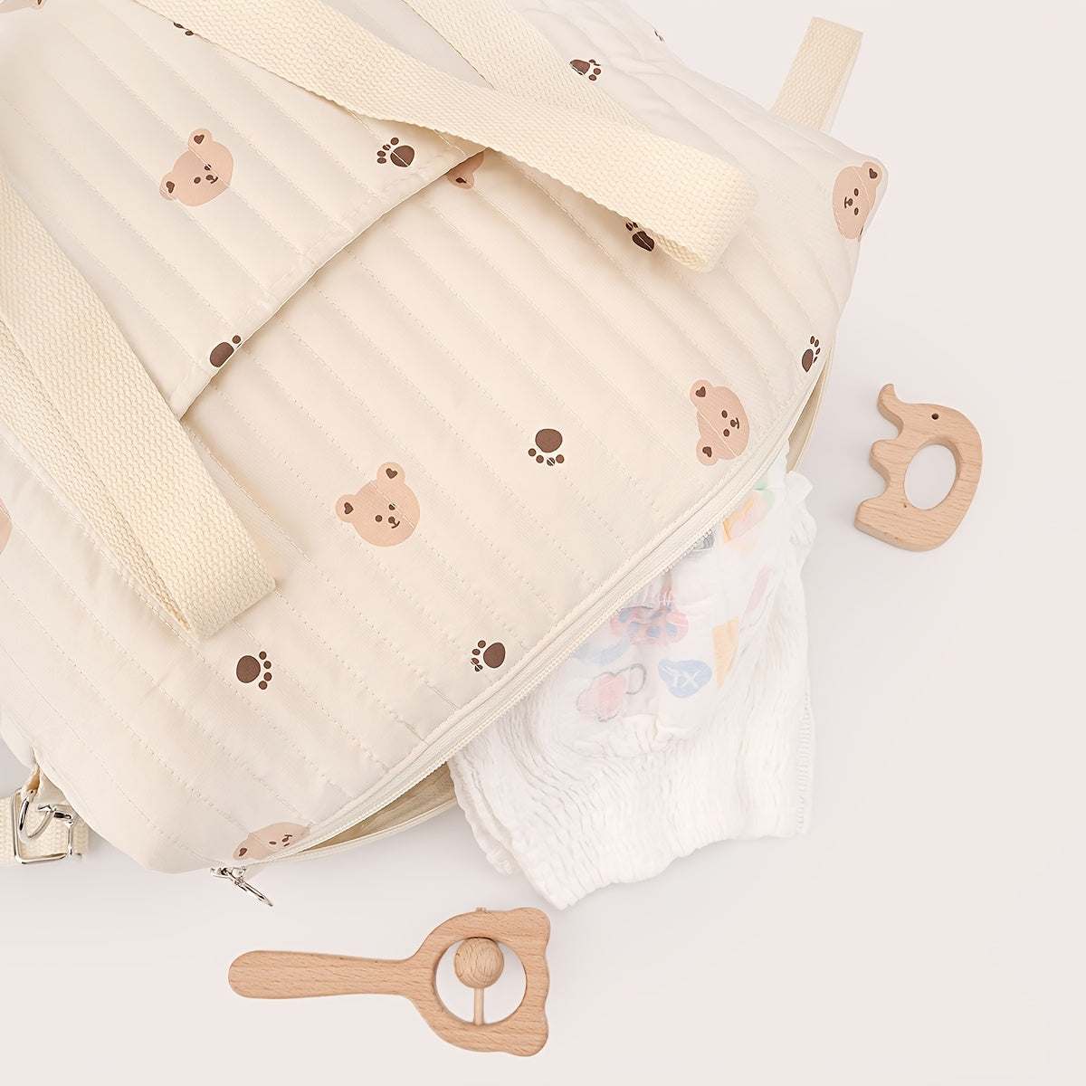 Bear Pattern Quilted Diaper Bag with Shoulder Strap & Stroller Hooks