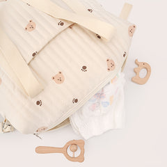 Bear Pattern Quilted Diaper Bag with Shoulder Strap & Stroller Hooks