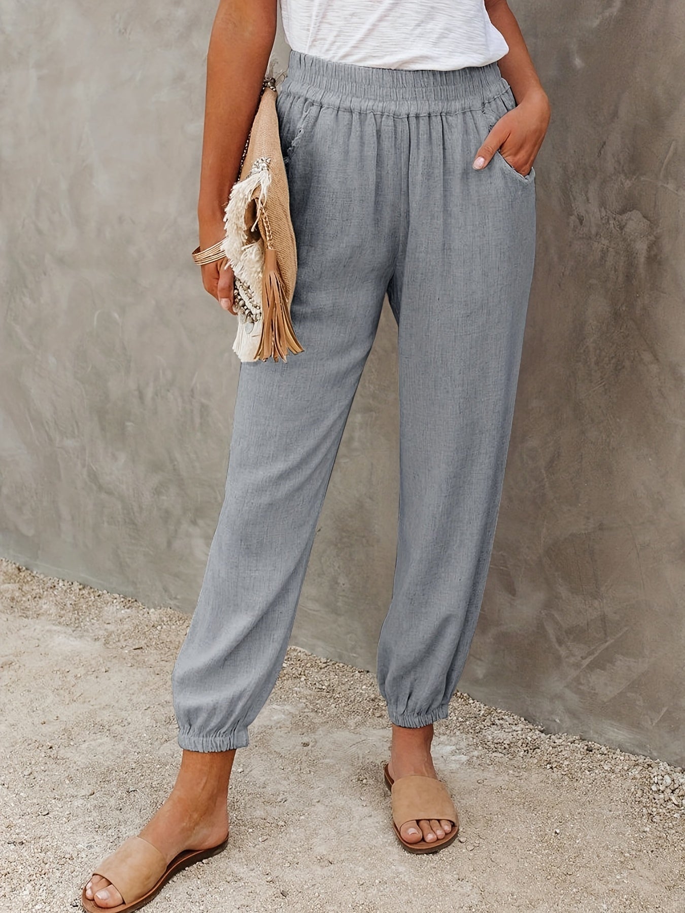  Solid Elastic High Rise Loose Fit Jogger Trousers With Pockets