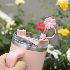 4pcs Cartoon Flower Silicone Straw Covers - Reusable Dustproof Straw Lid