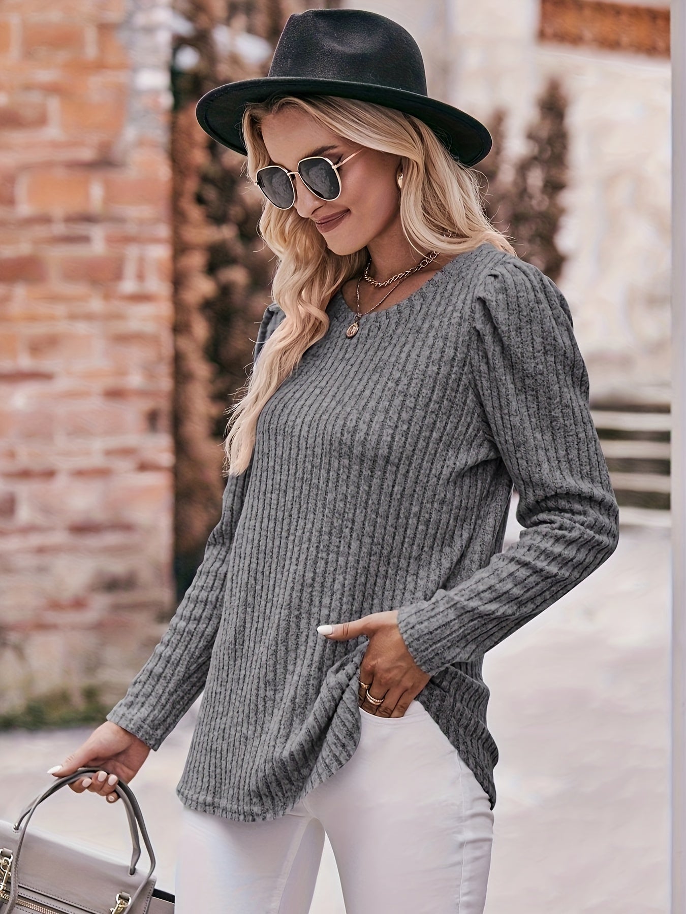  Casual Sweater Solid Ribbed Lantern Sleeve Round Neck Knit Top