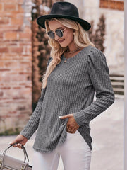  Casual Sweater Solid Ribbed Lantern Sleeve Round Neck Knit Top