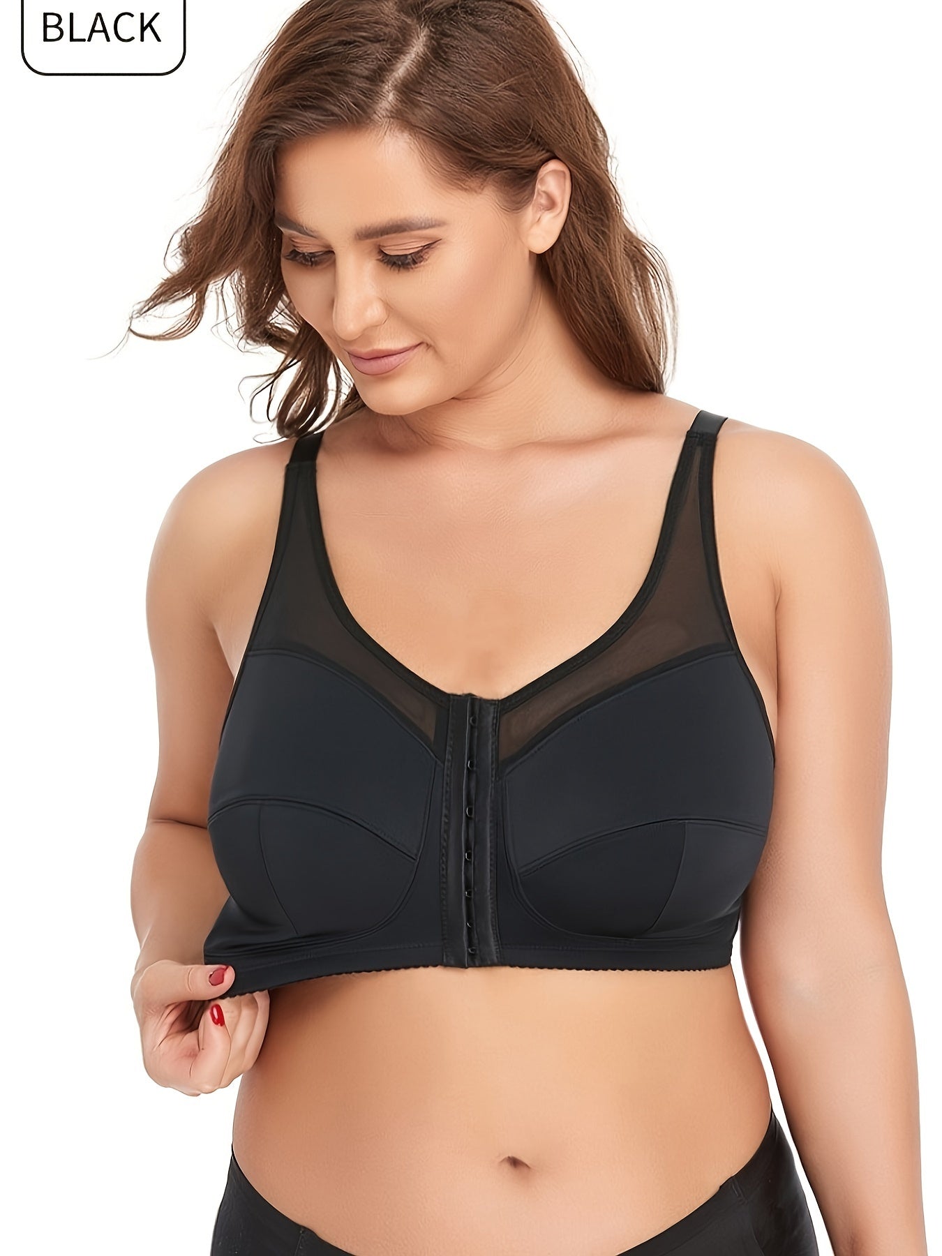 Plus Size Sports Bra Women's Plus Solid Closure Front Wireless Fitness Mesh Bra