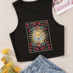 Floral & Sun Print Crop Tank Top Y2K Sleeveless Tank Top
