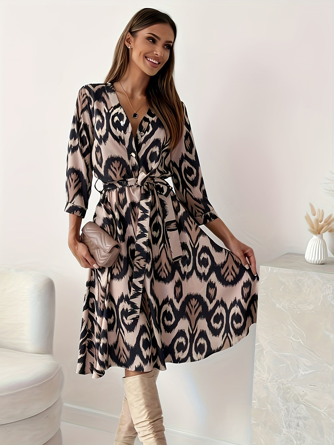  Graphic Print V Neck Dress With Belt