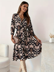  Graphic Print V Neck Dress With Belt
