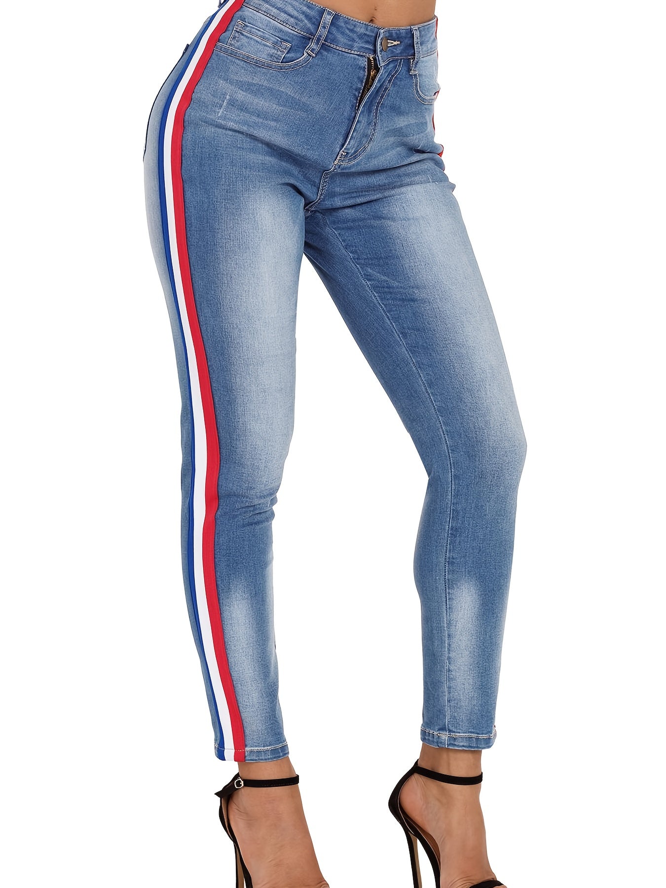 Striped Print Casual Skinny Jeans Slim Fit Denim Pants Women's Clothing