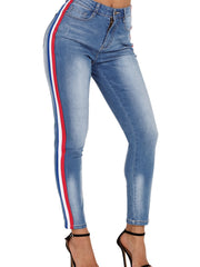 Striped Print Casual Skinny Jeans Slim Fit Denim Pants Women's Clothing