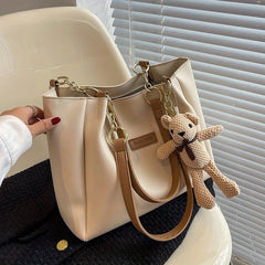 Women's PU Leather Tote Shoulder Bag with Bear Pendant