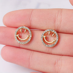 Golden Silvery Smiling Face Zircon Stud Earrings Japanese Style