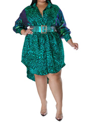 Colorblock Leopard Print Sequin Button Up Long Sleeve Shirt Dress