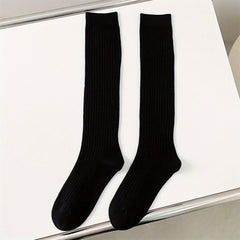Solid Ribbed Knee High Socks Women's Stockings & Hosiery