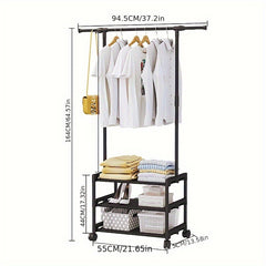 Metal Clothes Rack With 2 Layer Storage Shelf & Wheels Easy Assembly