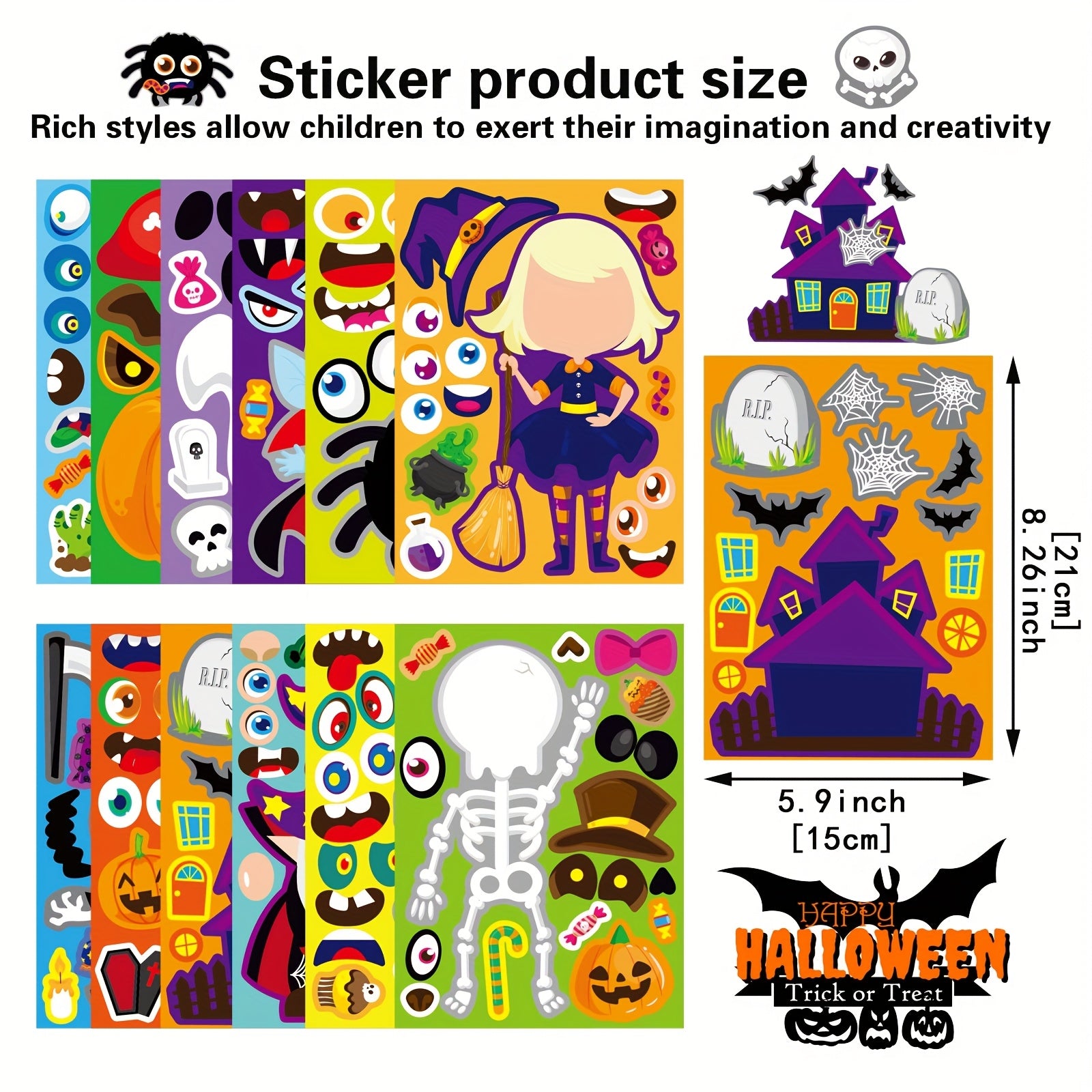 24 Halloween Face Stickers Spooky Pumpkins Ghosts Witches Self Adhesive Paper