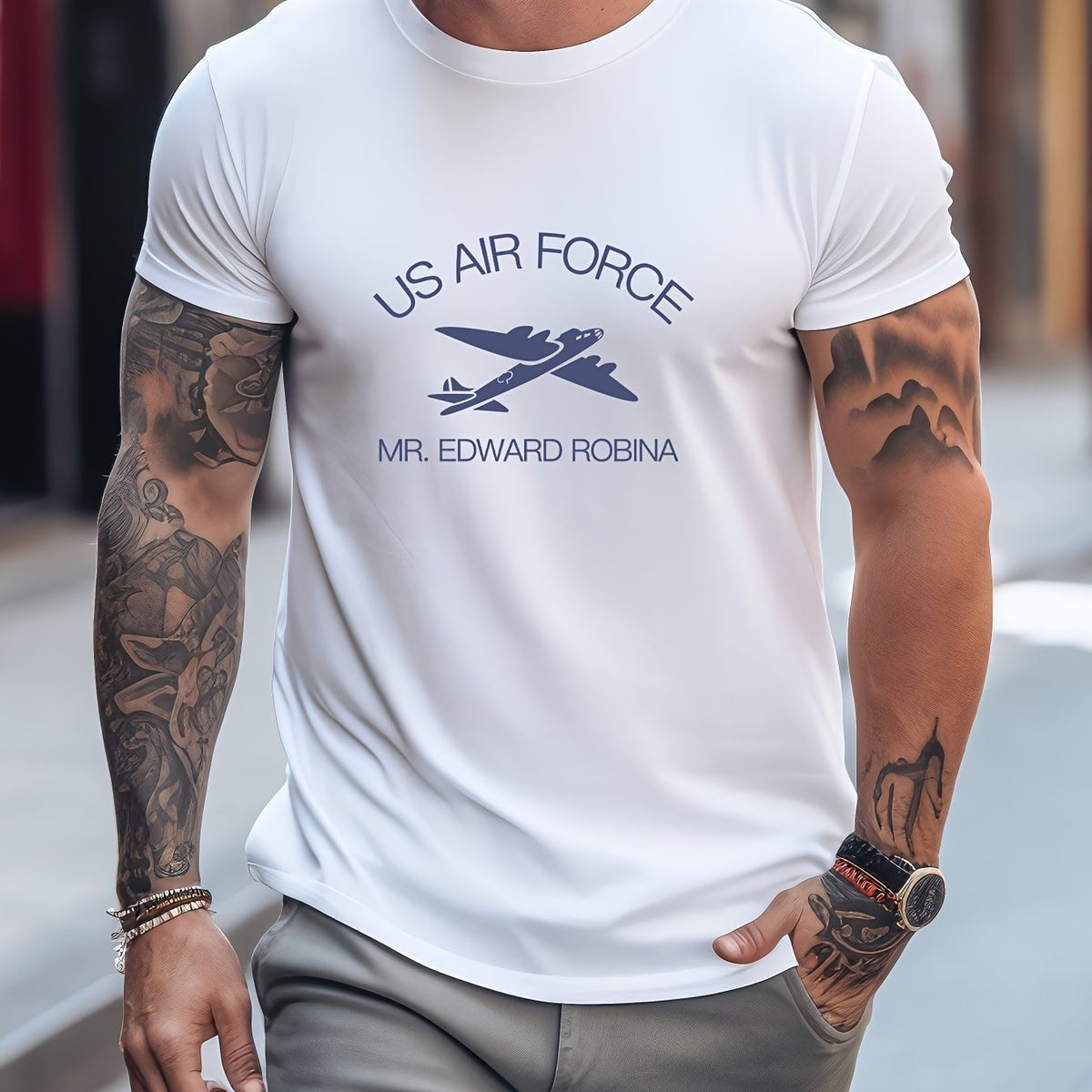 Plane Pattern Leisure Sports T shirt Men's Casual Street Style Stretch Tee Shirt