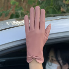 Solid Bow PU Gloves Warm Outdoor Riding Driving Coldproof Gloves