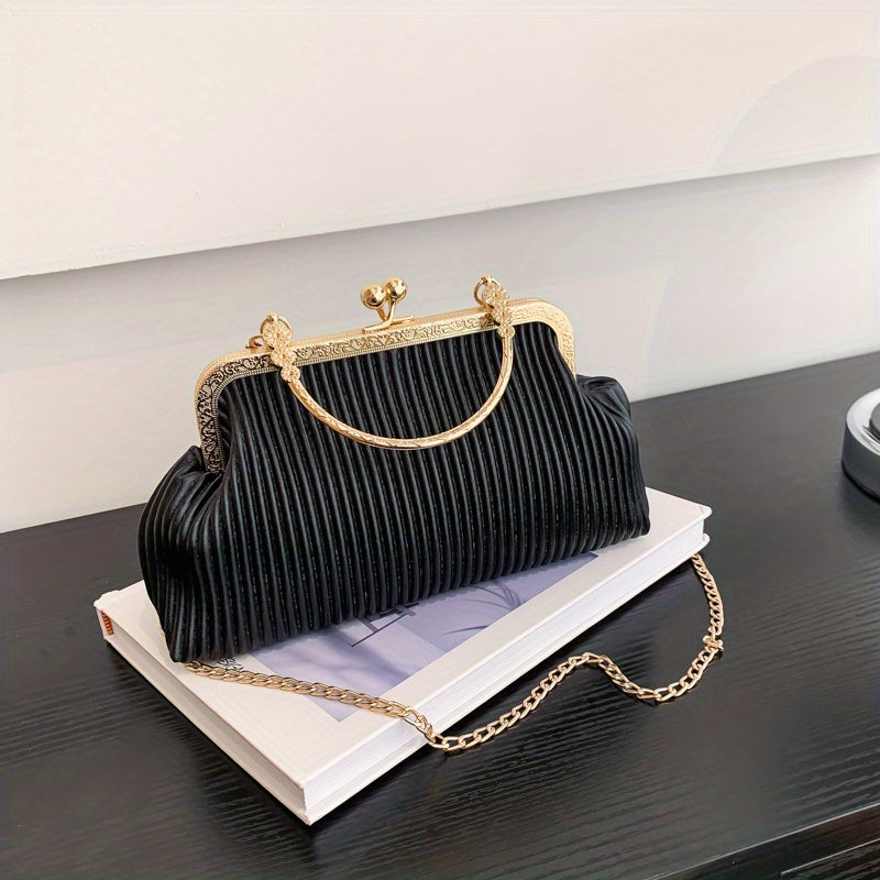 Ruched Handbag Top Ring Chain Clutch Purse For Evening Dinner